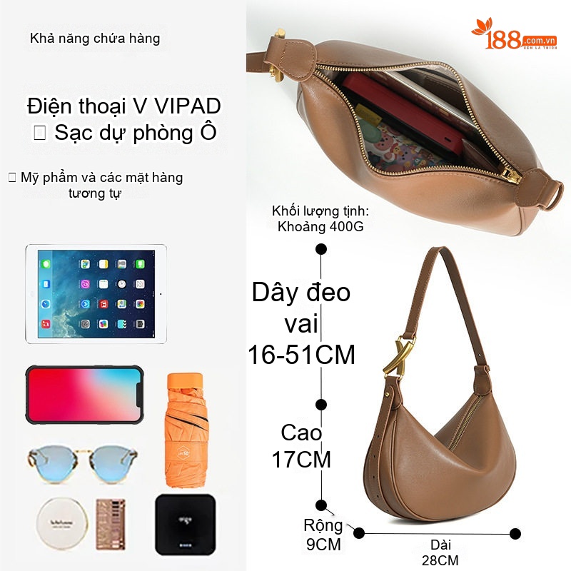Túi Đeo Vai Nữ Da Bò Dáng Trăng Khuyết, Túi Kẹp Nách Đựng Vừa Ipad Màu Nâu