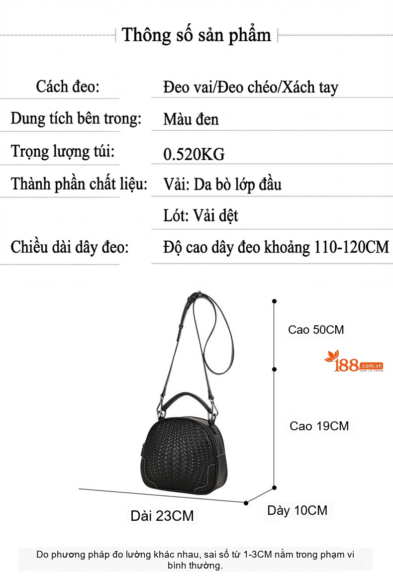 Túi Đeo Vai Nữ Da Bò Dáng Tròn Đan Dây Sức Chứa Lớn Màu Đen chi tiết 3
