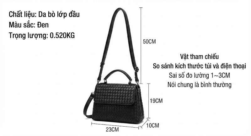 Túi Đeo Vai Nữ Da Bò Dáng Tròn Đan Dây Sức Chứa Lớn Màu Đen