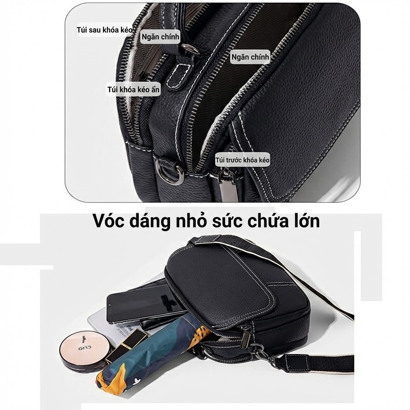 Túi Đeo Vai Nữ Da Bò Dáng Tròn Nhỏ Gọn Màu Đen, Kaki, Đỏ Rượu Vang, Nâu Vàng Kim Loại