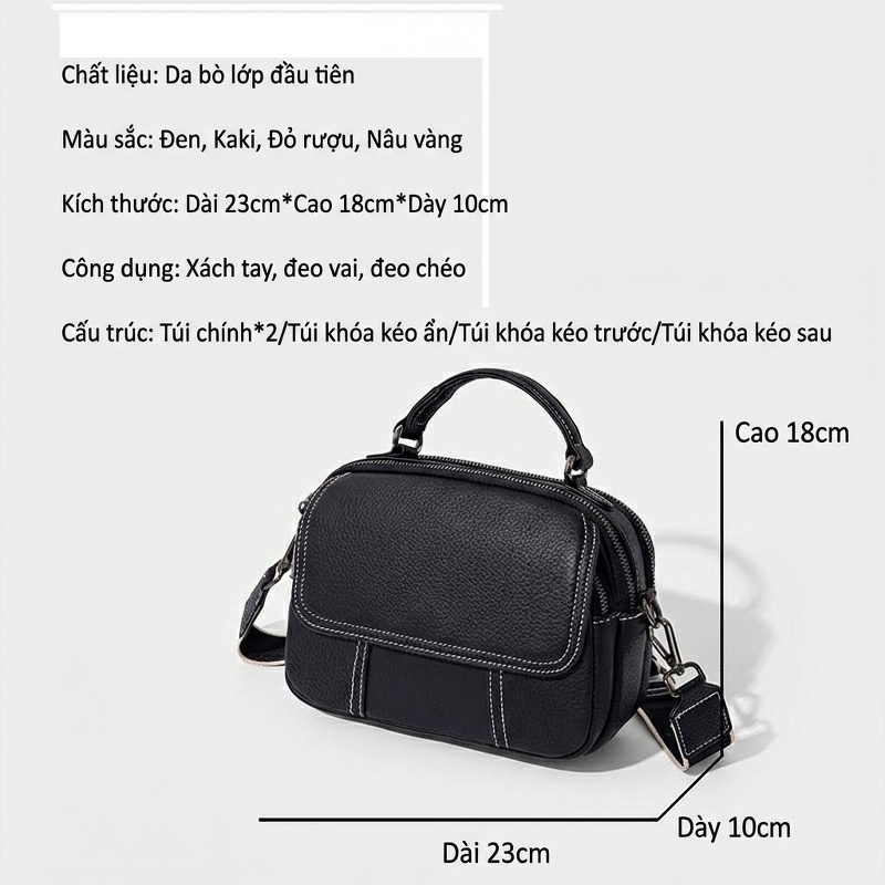 Túi Đeo Vai Nữ Da Bò Dáng Tròn Nhỏ Gọn Màu Đen, Kaki, Đỏ Rượu Vang, Nâu Vàng Kim Loại