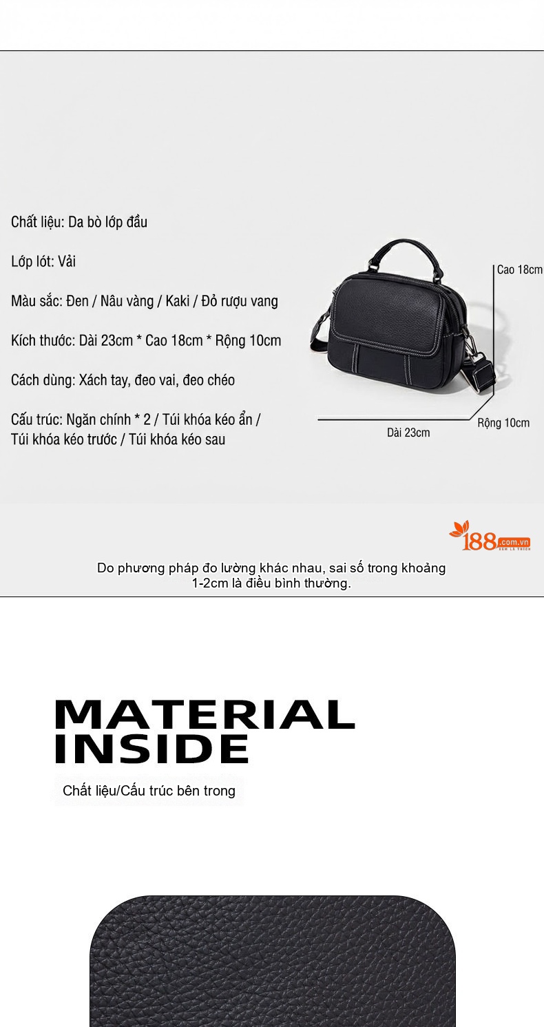 Túi Đeo Vai Nữ Da Bò Dáng Tròn Nhỏ Gọn Màu Đen, Kaki, Đỏ Rượu Vang, Nâu Vàng Kim Loại chi tiết 3