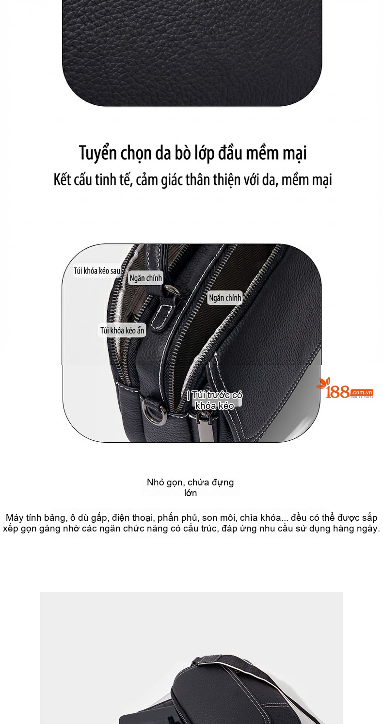 Túi Đeo Vai Nữ Da Bò Dáng Tròn Nhỏ Gọn Màu Đen, Kaki, Đỏ Rượu Vang, Nâu Vàng Kim Loại chi tiết 4