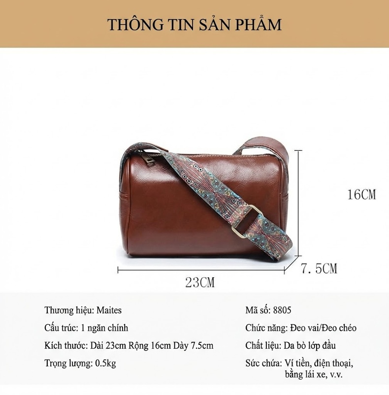 Túi Đeo Vai Nữ Da Bò Dáng Trống Vintage Âu Mỹ Màu Nâu, Đen, Xanh Lá chi tiết 13