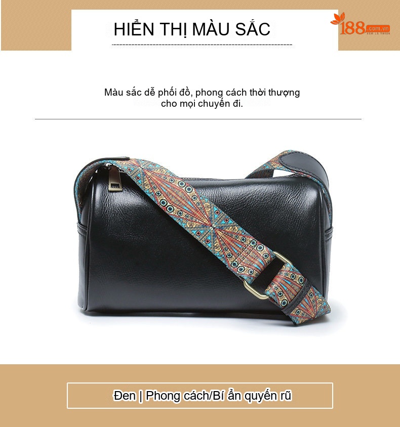 Túi Đeo Vai Nữ Da Bò Dáng Trống Vintage Âu Mỹ Màu Nâu, Đen, Xanh Lá chi tiết 14