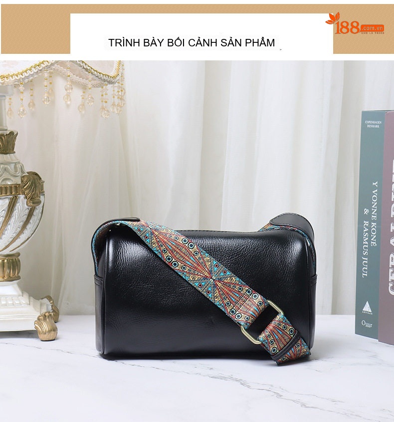 Túi Đeo Vai Nữ Da Bò Dáng Trống Vintage Âu Mỹ Màu Nâu, Đen, Xanh Lá chi tiết 17