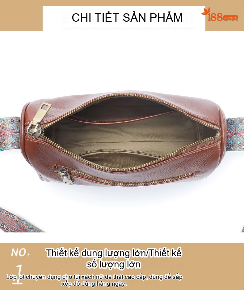 Túi Đeo Vai Nữ Da Bò Dáng Trống Vintage Âu Mỹ Màu Nâu, Đen, Xanh Lá chi tiết 21