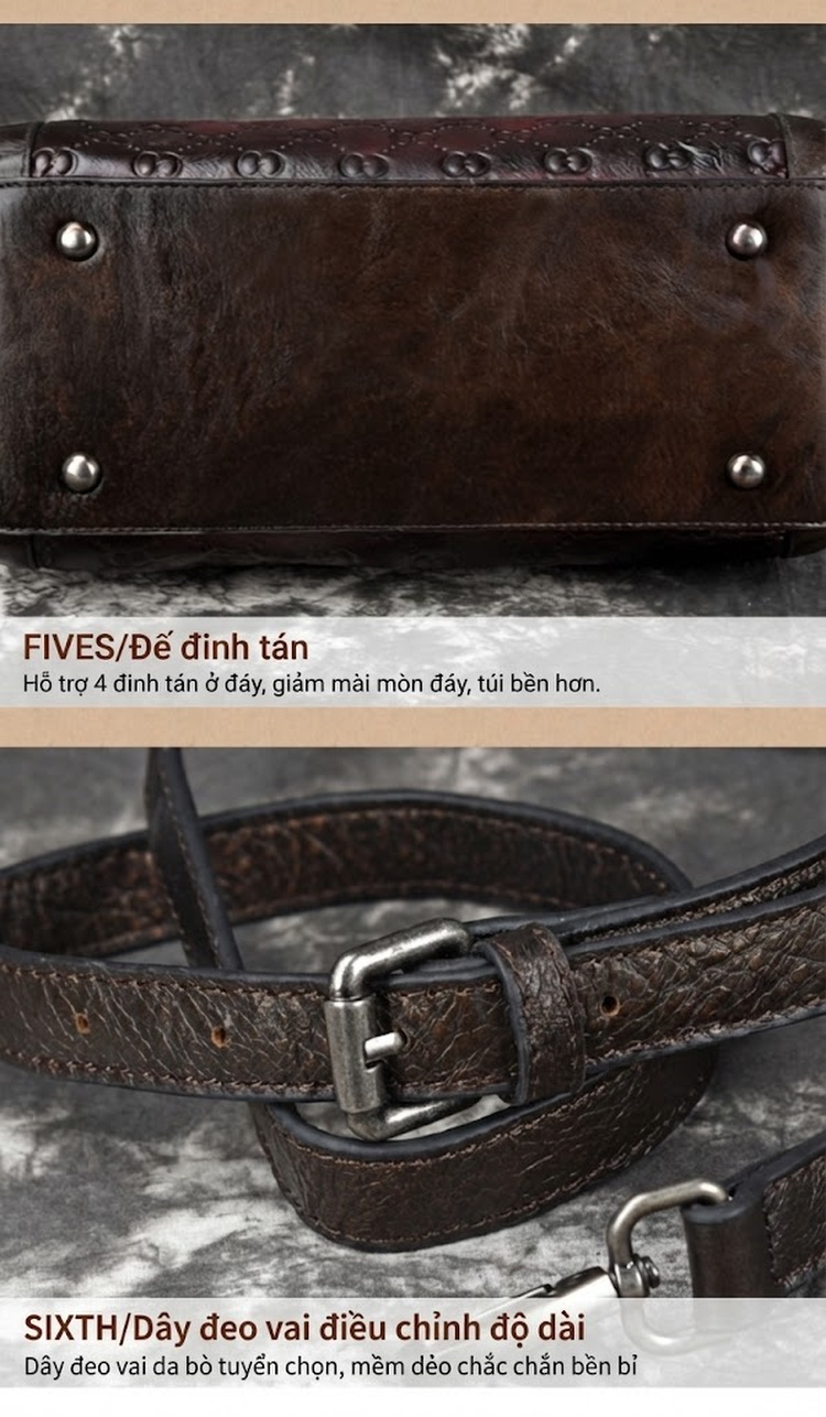 Túi Đeo Vai Nữ Da Bò Dáng Trống Vintage Màu Đỏ, Nâu chi tiết 10