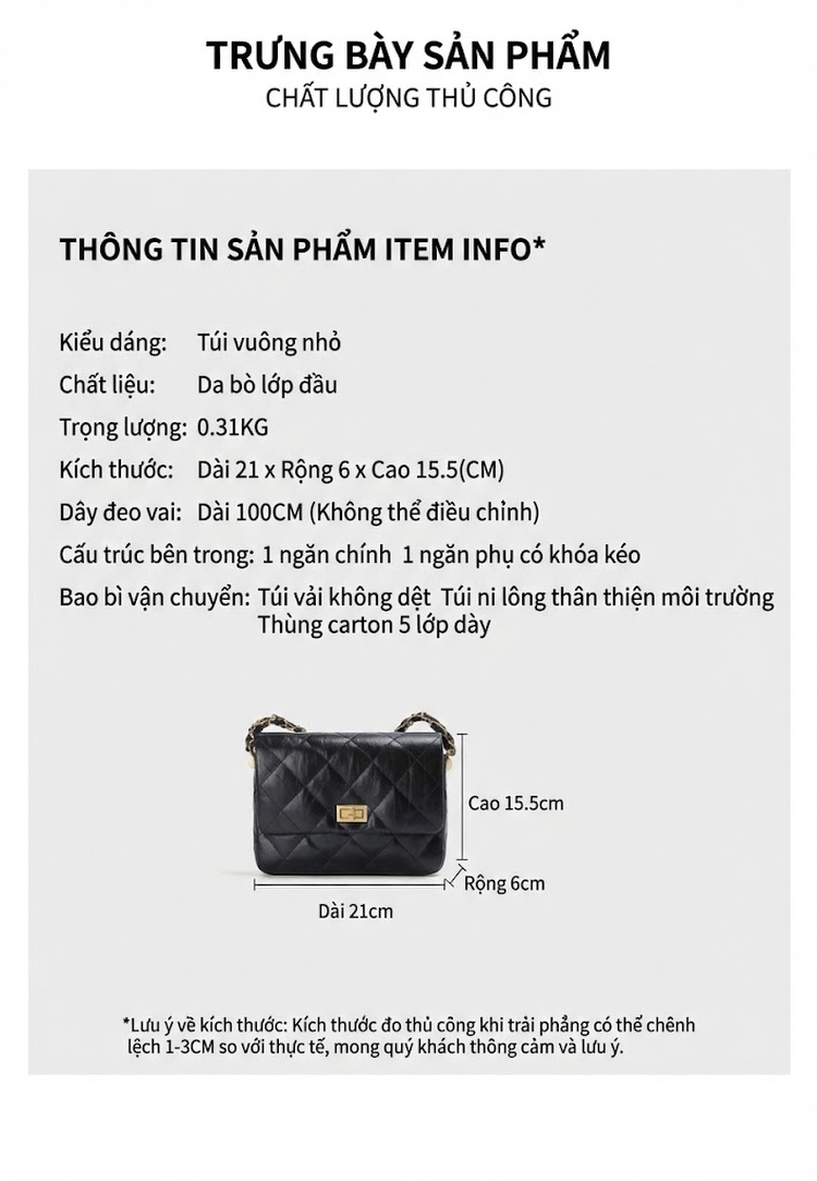 Túi Đeo Vai Nữ Da Bò Dáng Vuông Trám Khóa Vặn Dây Xích Màu Đen chi tiết 5