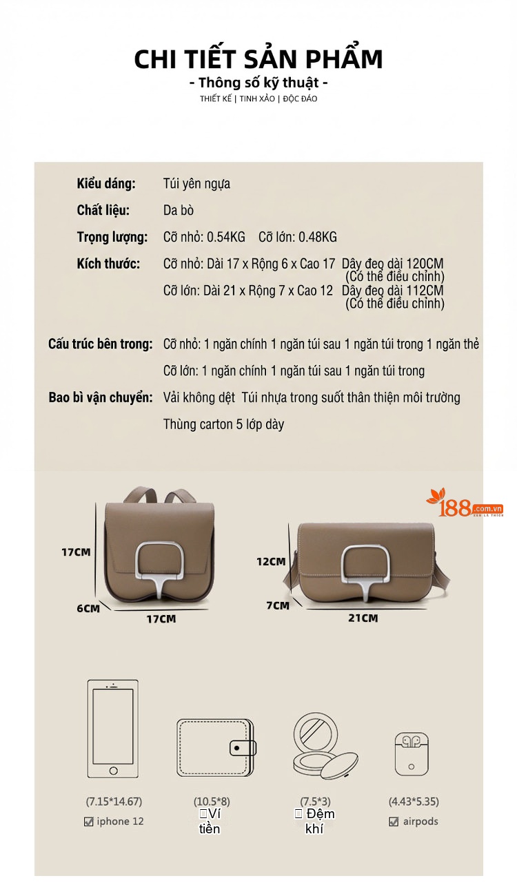Túi Đeo Vai Nữ Da Bò Dáng Yên Ngựa Cao Cấp Màu Nâu, Đen chi tiết 4