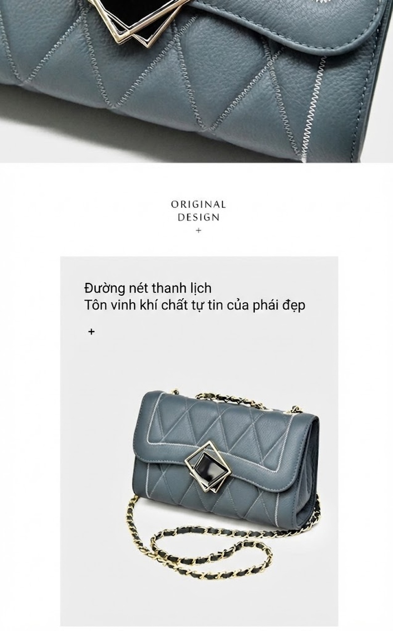 Túi Đeo Vai Nữ Da Bò Dây Xích Thiết Kế Thanh Lịch Màu Đen, Xám Xanh chi tiết 4