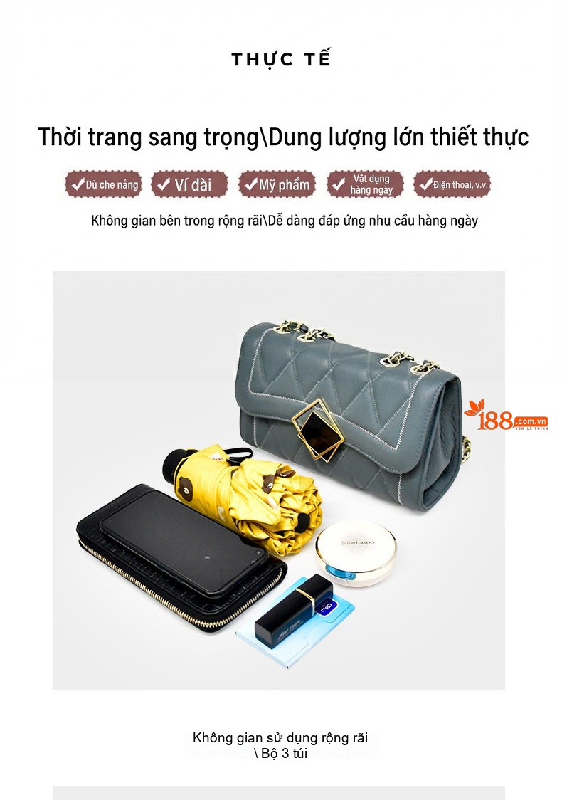 Túi Đeo Vai Nữ Da Bò Dây Xích Thiết Kế Thanh Lịch Màu Đen, Xám Xanh chi tiết 2