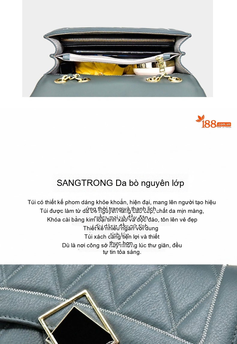 Túi Đeo Vai Nữ Da Bò Dây Xích Thiết Kế Thanh Lịch Màu Đen, Xám Xanh chi tiết 3