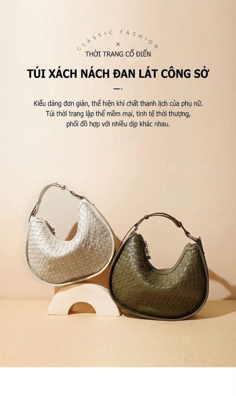 Túi Đeo Vai Nữ Da Bò Dệt Sợi Kiểu Bán Nguyệt Đeo Chéo Thời Trang Màu Trắng, Xanh Olive chi tiết 2