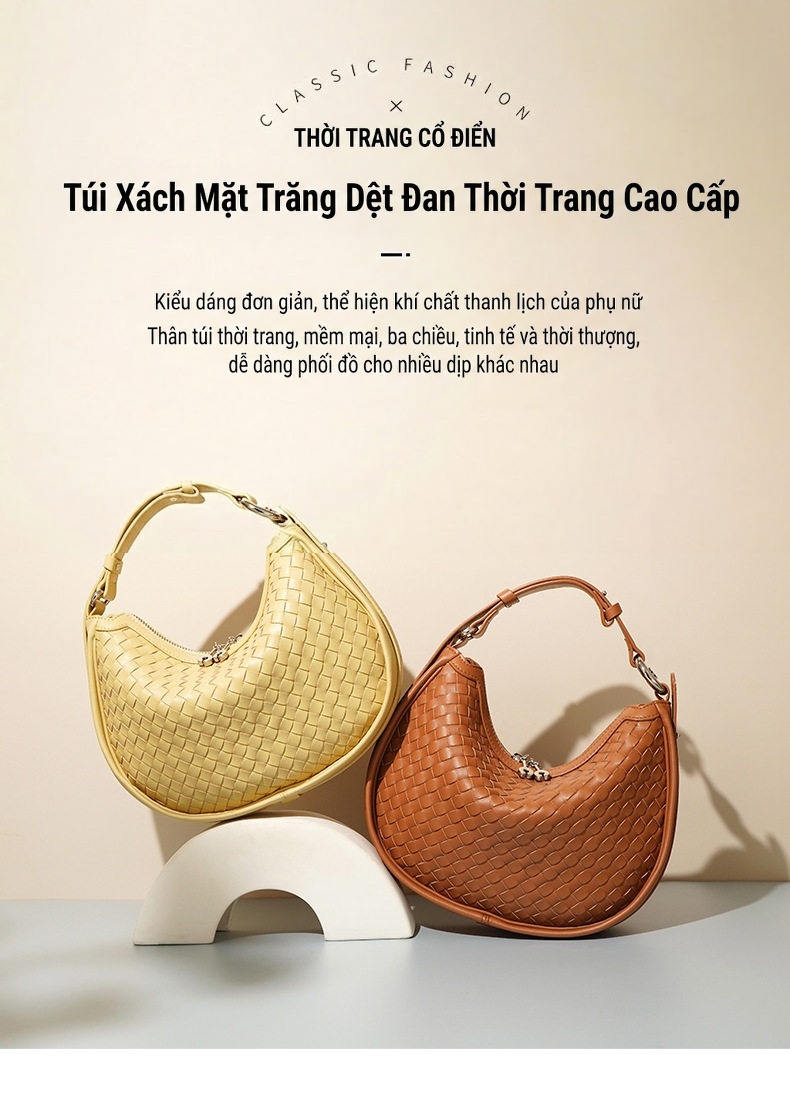 Túi Đeo Vai Nữ Da Bò Dệt Sợi Kiểu Bán Nguyệt Đeo Chéo Thời Trang Màu Trắng, Xanh Olive chi tiết 6