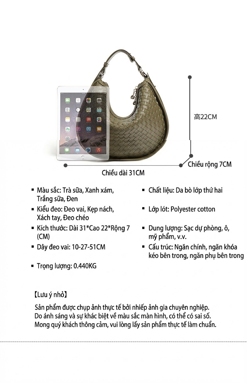 Túi Đeo Vai Nữ Da Bò Dệt Sợi Kiểu Bán Nguyệt Đeo Chéo Thời Trang Màu Trắng, Xanh Olive chi tiết 10