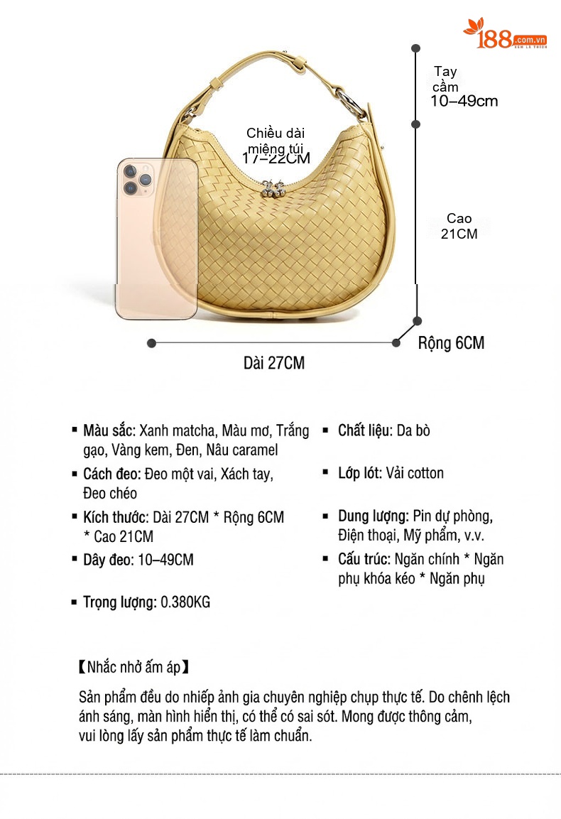 Túi Đeo Vai Nữ Da Bò Dệt Sợi Kiểu Bán Nguyệt Đeo Chéo Thời Trang Màu Trắng, Xanh Olive chi tiết 11