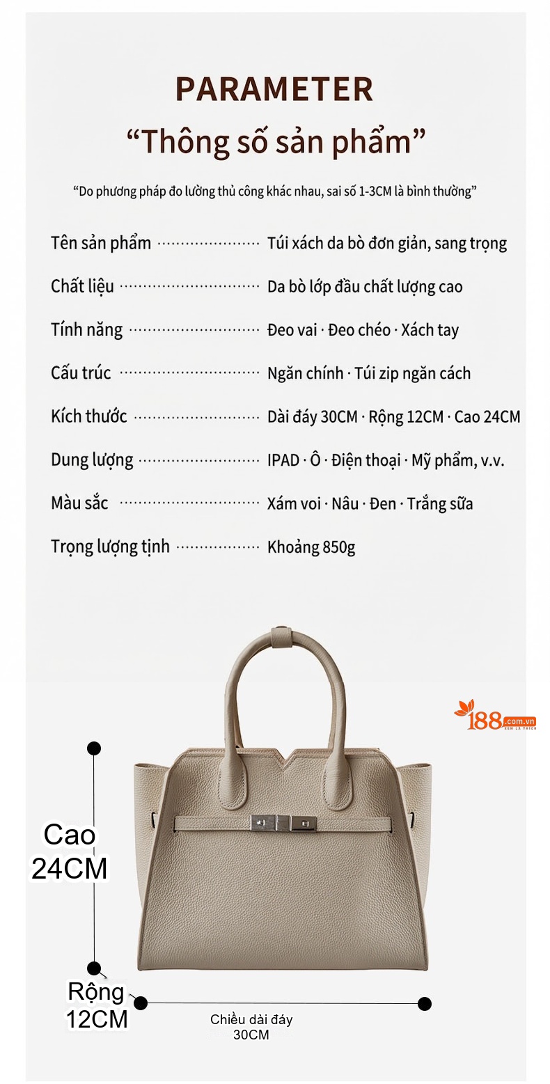 Túi Đeo Vai Nữ Da Bò Đựng Vừa A4 Cao Cấp Màu Kem, Nâu chi tiết 3