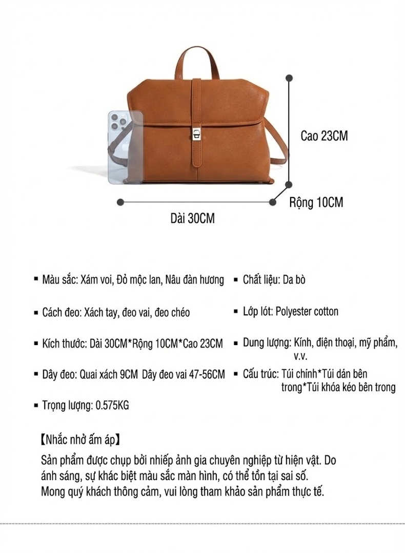 Túi Đeo Vai Nữ Da Bò Hai Lớp Cỡ Lớn Đa Năng Phong Cách Công Sở Màu Nâu, Đen chi tiết 11