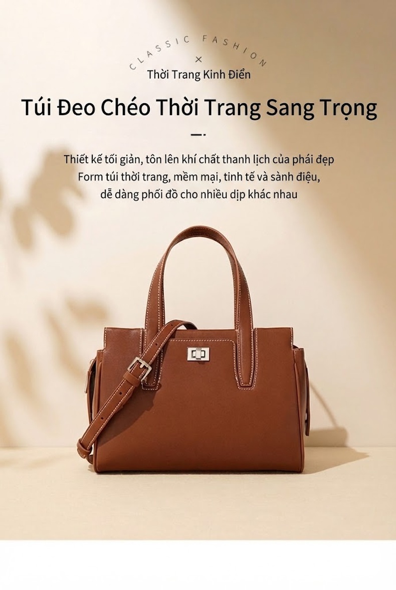 Túi Đeo Vai Nữ Da Bò Hai Lớp Sức Chứa Lớn Đeo Chéo Đựng Đồ Đi Làm Màu Nâu, Nâu Đậm chi tiết 1