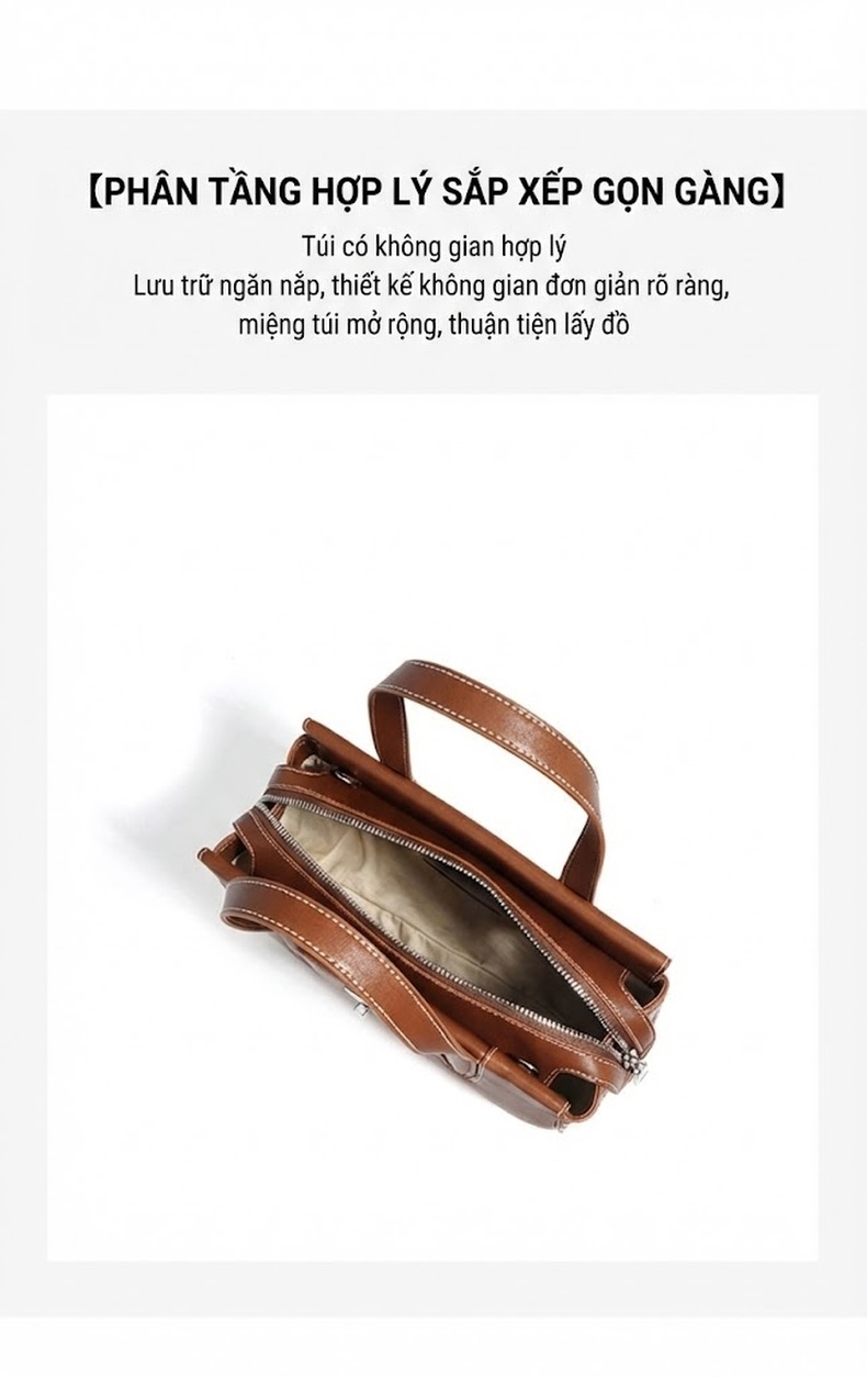 Túi Đeo Vai Nữ Da Bò Hai Lớp Sức Chứa Lớn Đeo Chéo Đựng Đồ Đi Làm Màu Nâu, Nâu Đậm chi tiết 8