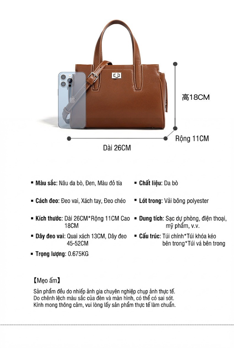 Túi Đeo Vai Nữ Da Bò Hai Lớp Sức Chứa Lớn Đeo Chéo Đựng Đồ Đi Làm Màu Nâu, Nâu Đậm chi tiết 7
