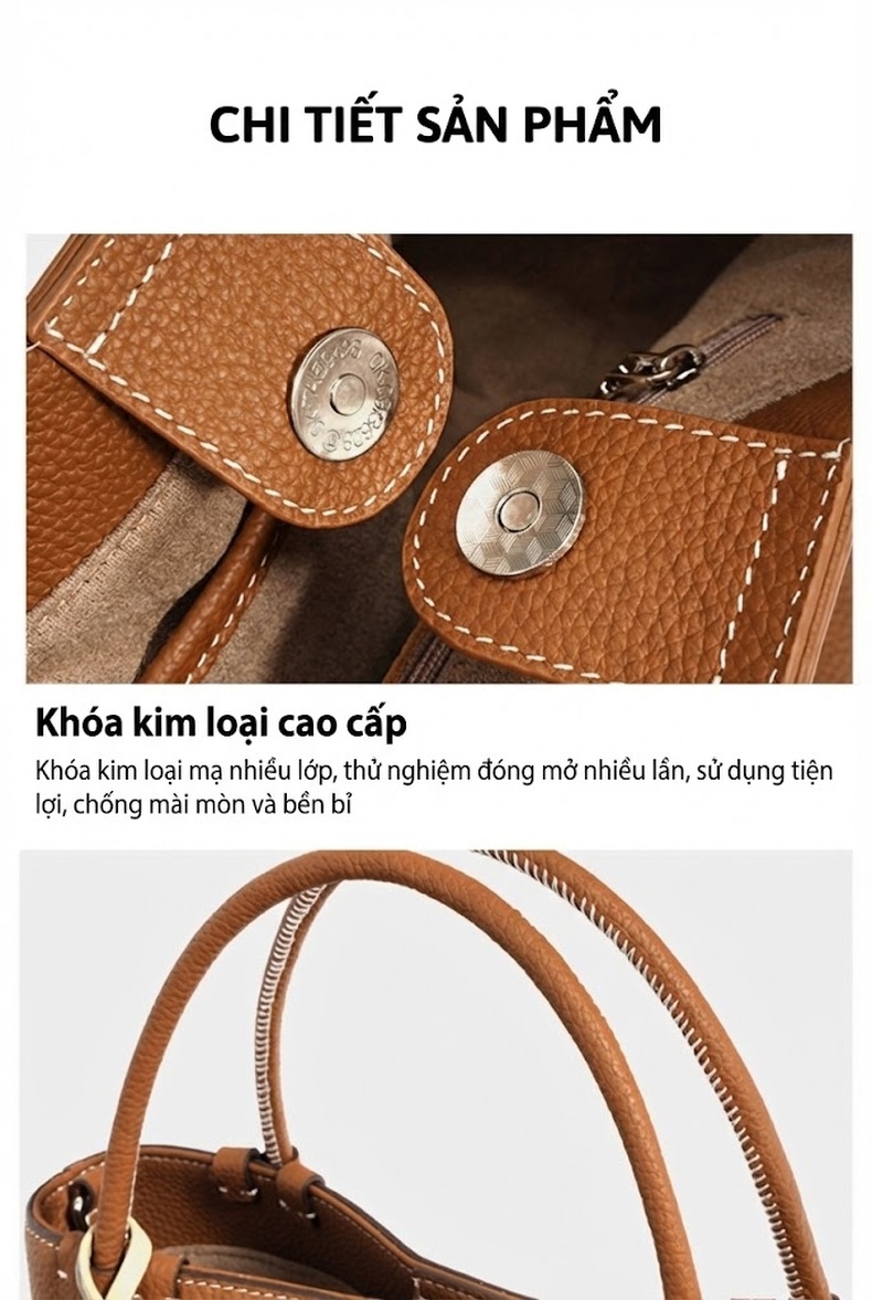 Túi Đeo Vai Nữ Da Bò Hàn Quốc, Túi Xách Tay Hình Thùng, Phong Cách Tiểu Thư Màu Nâu, Trắng Kem chi tiết 24