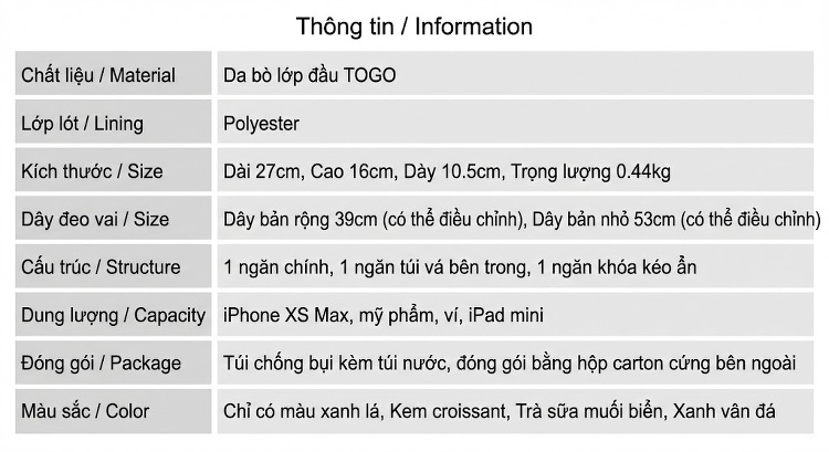 Túi Đeo Vai Nữ Da Bò Hàng Đầu, Túi Tote Đeo Chéo Một Bên Vai Cao Cấp Màu Kem, Xanh Lá Cây, Nâu chi tiết 3