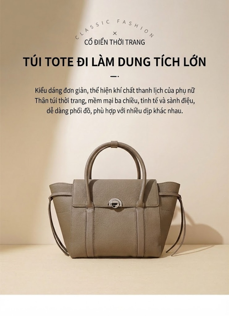 Túi Đeo Vai Nữ Da Bò Hàng Hiệu Cao Cấp, Túi Xách Tay Công Sở Dung Tích Lớn Màu Xám, Đen, Đỏ Rượu, Nâu chi tiết 1