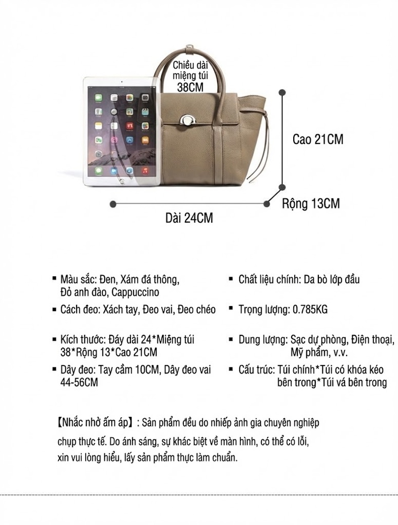 Túi Đeo Vai Nữ Da Bò Hàng Hiệu Cao Cấp, Túi Xách Tay Công Sở Dung Tích Lớn Màu Xám, Đen, Đỏ Rượu, Nâu chi tiết 6