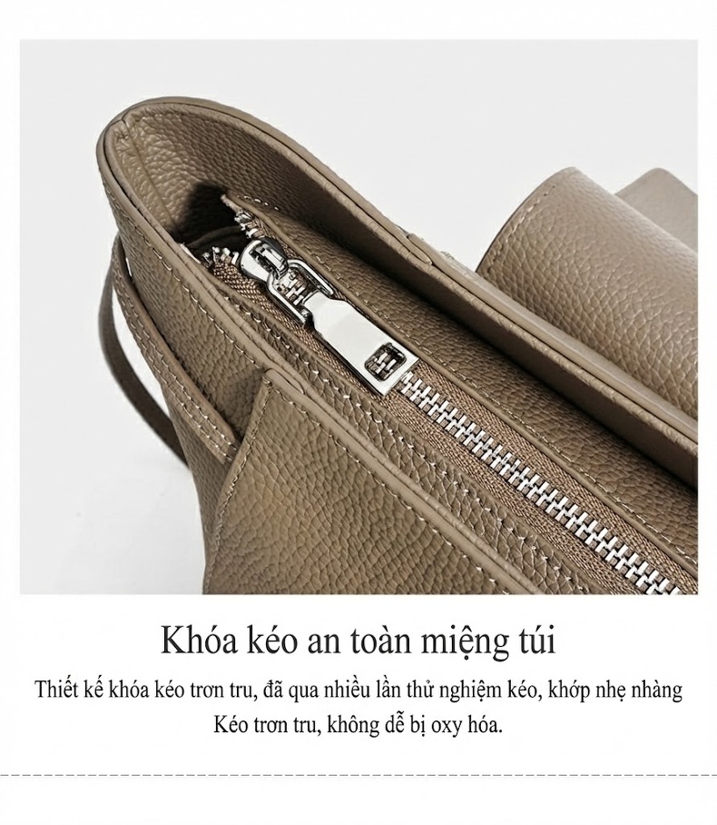 Túi Đeo Vai Nữ Da Bò Hàng Hiệu Cao Cấp, Túi Xách Tay Công Sở Dung Tích Lớn Màu Xám, Đen, Đỏ Rượu, Nâu chi tiết 12