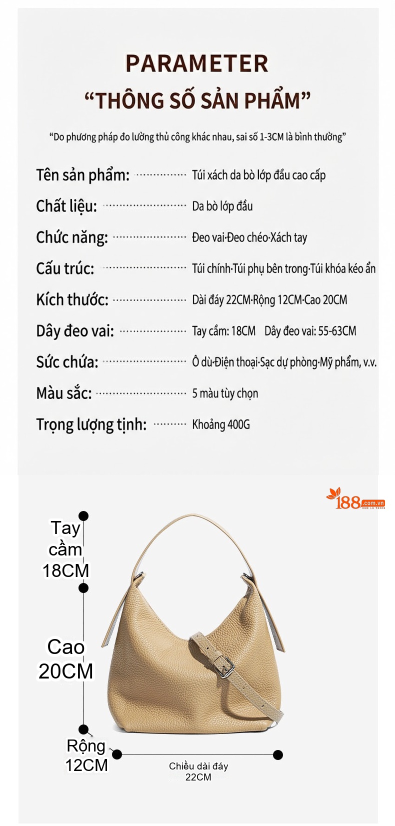 Túi Đeo Vai Nữ Da Bò Hạt Dáng Túi G饺子 Đựng Vừa A4 Phong Cách Công Sở Màu Kem chi tiết 4