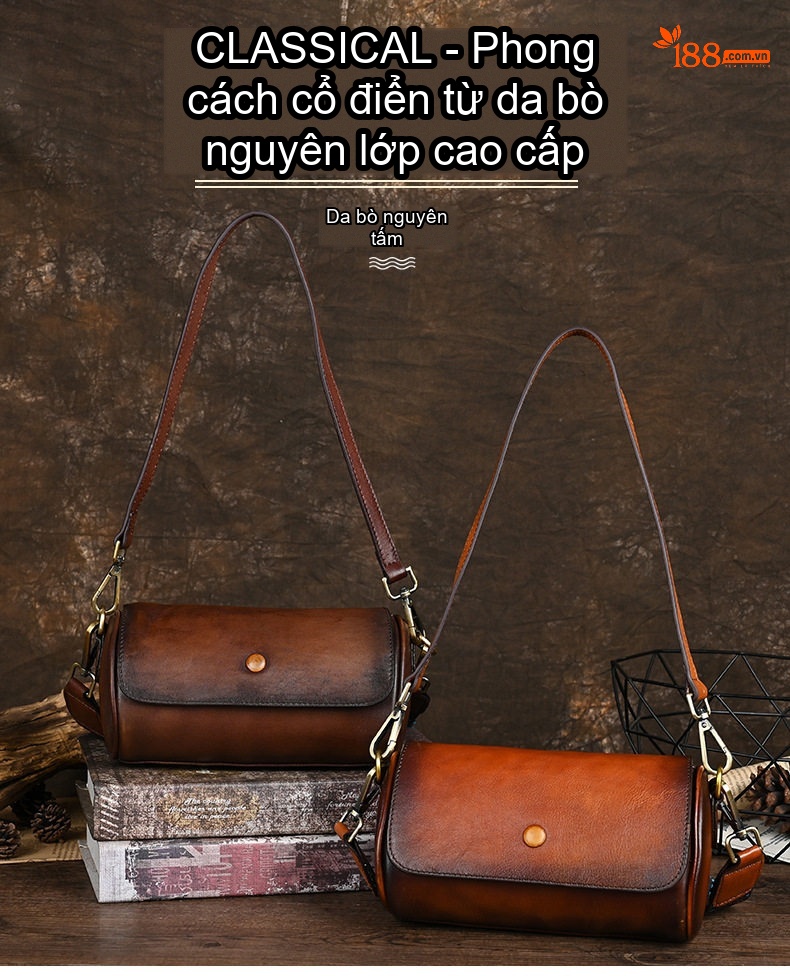 Túi Đeo Vai Nữ Da Bò Hình Trụ Nhỏ Gọn Phong Cách Âu Mỹ Màu Nâu chi tiết 1