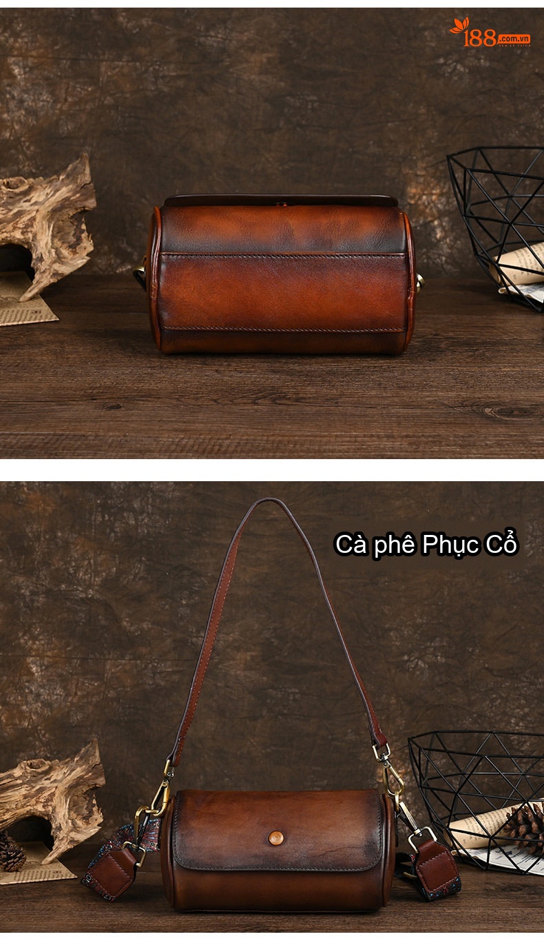 Túi Đeo Vai Nữ Da Bò Hình Trụ Nhỏ Gọn Phong Cách Âu Mỹ Màu Nâu chi tiết 7