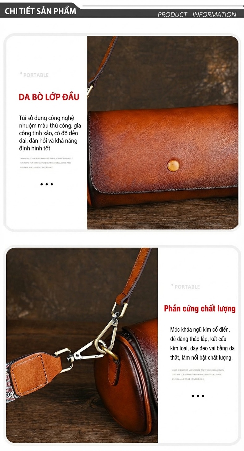 Túi Đeo Vai Nữ Da Bò Hình Trụ Nhỏ Gọn Phong Cách Âu Mỹ Màu Nâu chi tiết 11