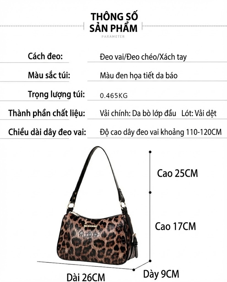 Túi Đeo Vai Nữ Da Bò Họa Tiết Da Báo Cỡ Lớn Màu Đen, Nâu chi tiết 19