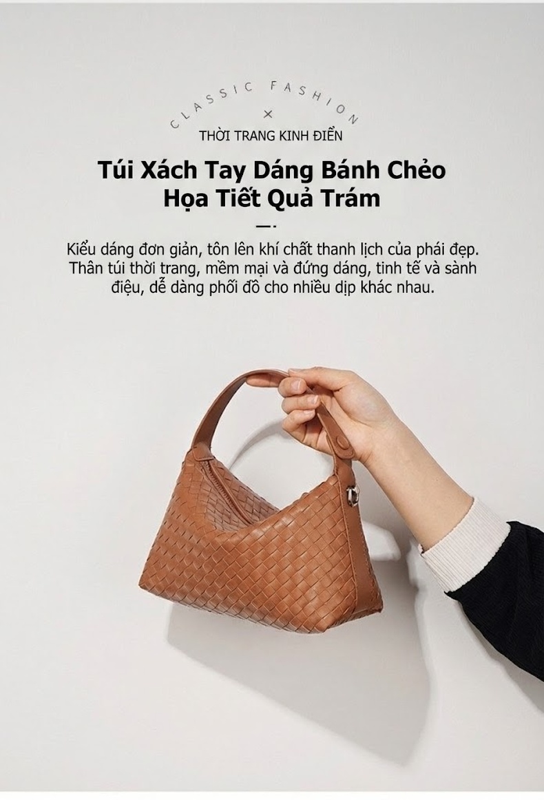 Túi Đeo Vai Nữ Da Bò Họa Tiết Đan Chéo Phong Cách Tiểu Thư Màu Nâu, Trắng, Be chi tiết 2