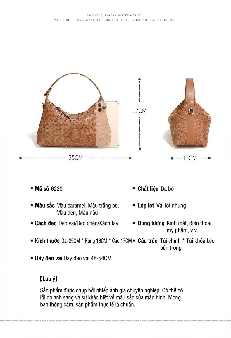 Túi Đeo Vai Nữ Da Bò Họa Tiết Đan Chéo Phong Cách Tiểu Thư Màu Nâu, Trắng, Be chi tiết 6