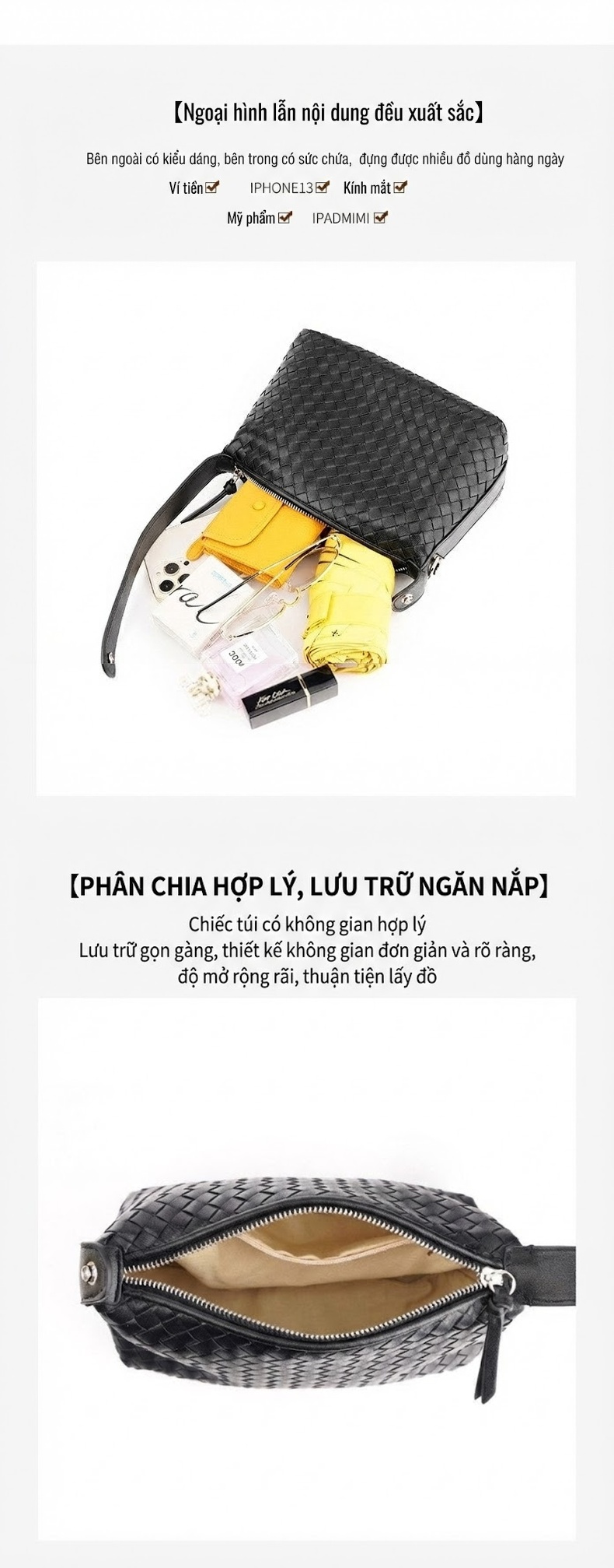 Túi Đeo Vai Nữ Da Bò Họa Tiết Đan Chéo Phong Cách Tiểu Thư Màu Nâu, Trắng, Be chi tiết 7