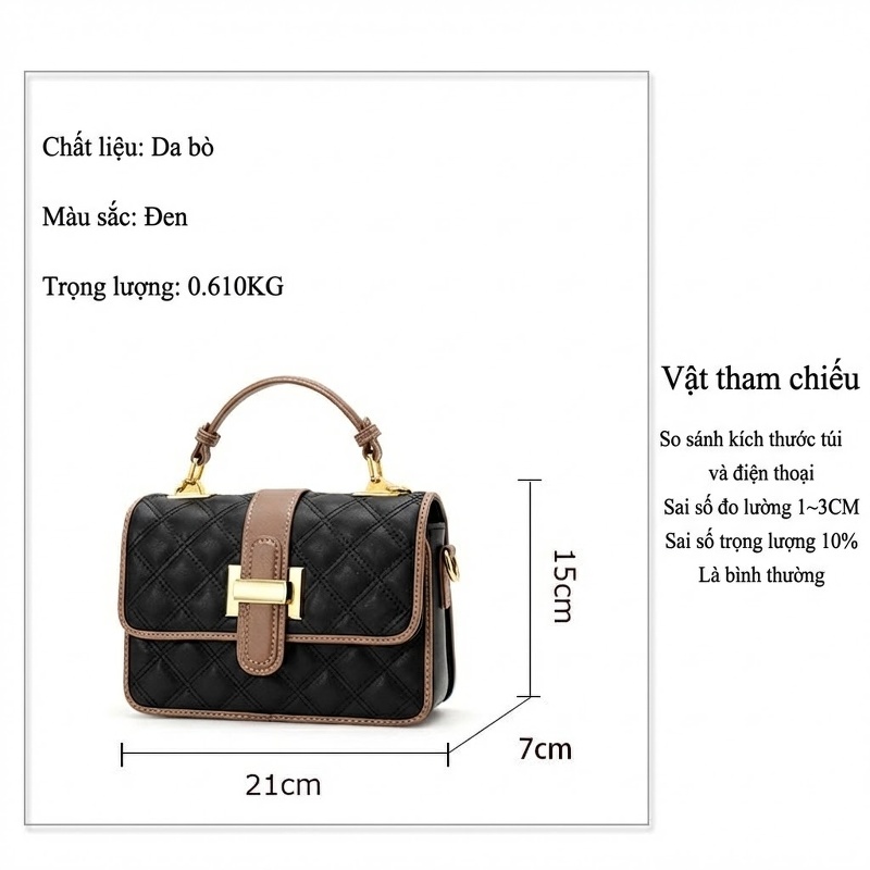 Túi Đeo Vai Nữ Da Bò Họa Tiết Trám Quai Xách Tay Dây Xích Màu Đen