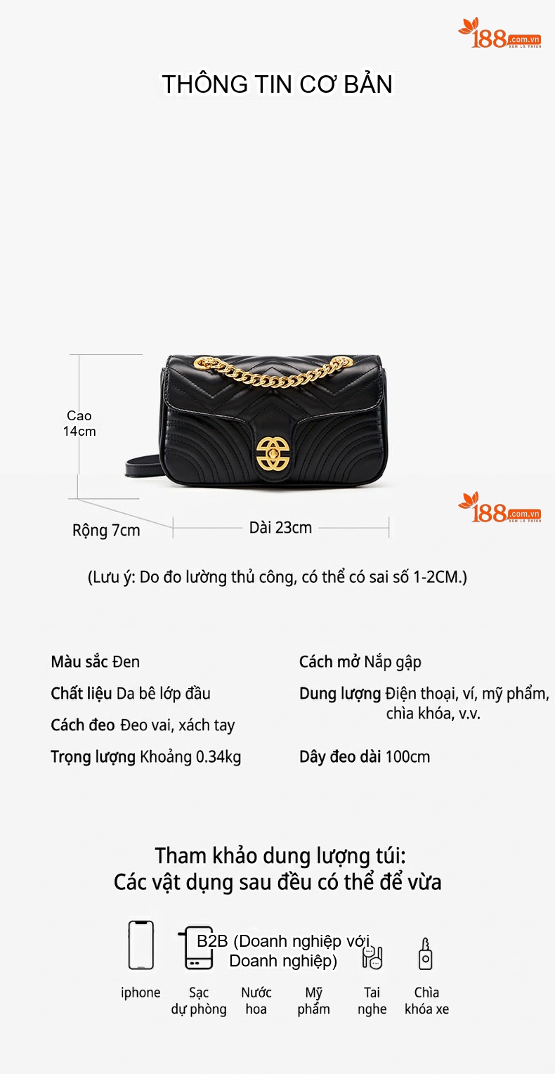 Túi Đeo Vai Nữ Da Bò Họa Tiết Trám Tim Dây Xích Màu Đen chi tiết 15