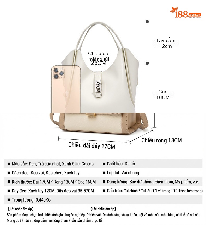 Túi Đeo Vai Nữ Da Bò Kiểu Dáng Tote Đeo Chéo Màu Nâu, Trắng, Đen, Xanh Olive chi tiết 4