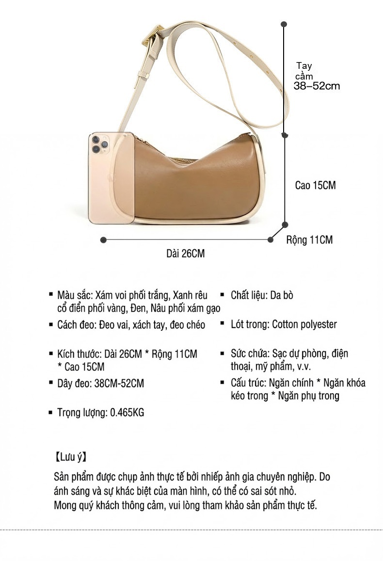 Túi Đeo Vai Nữ Da Bò Kiểu Dáng Yên Ngựa Màu Nâu, Đen, Xám, Kem chi tiết 7