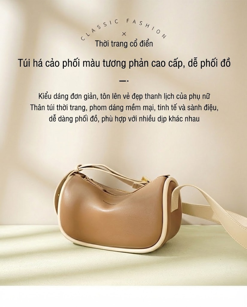 Túi Đeo Vai Nữ Da Bò Kiểu Dáng Yên Ngựa Màu Nâu, Đen, Xám, Kem chi tiết 1