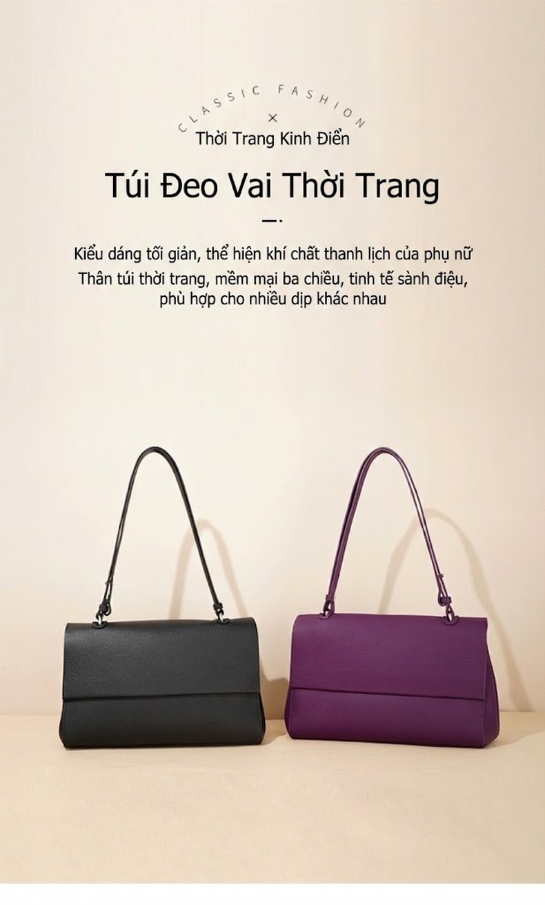 Túi Đeo Vai Nữ Da Bò Litchi Vân Đơn Giản Đựng Vừa A4 Màu Đen, Tím, Kem chi tiết 1