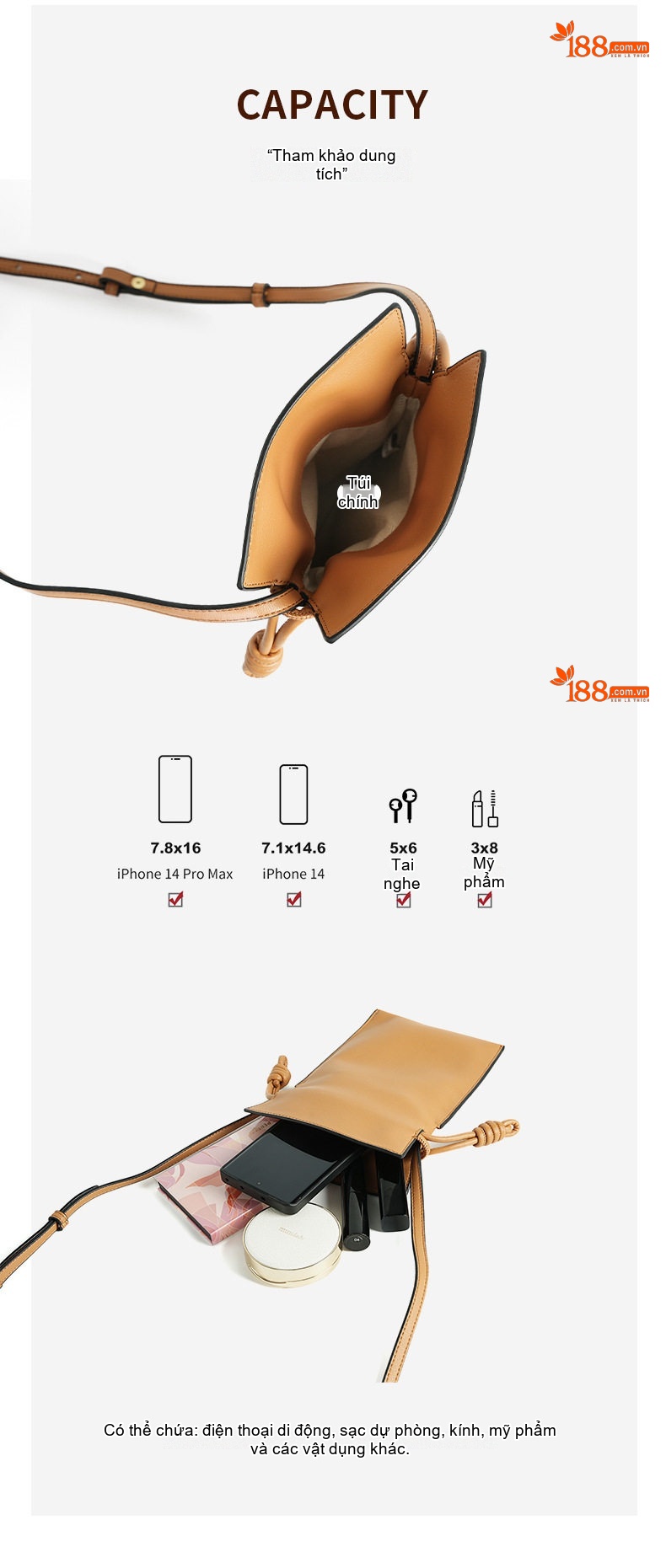 Túi Đeo Vai Nữ Da Bò Mini Đựng Điện Thoại Kiểu Dáng Thời Trang Màu Nâu chi tiết 6