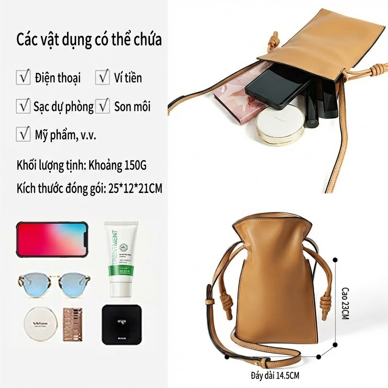 Túi Đeo Vai Nữ Da Bò Mini Đựng Điện Thoại Kiểu Dáng Thời Trang Màu Nâu