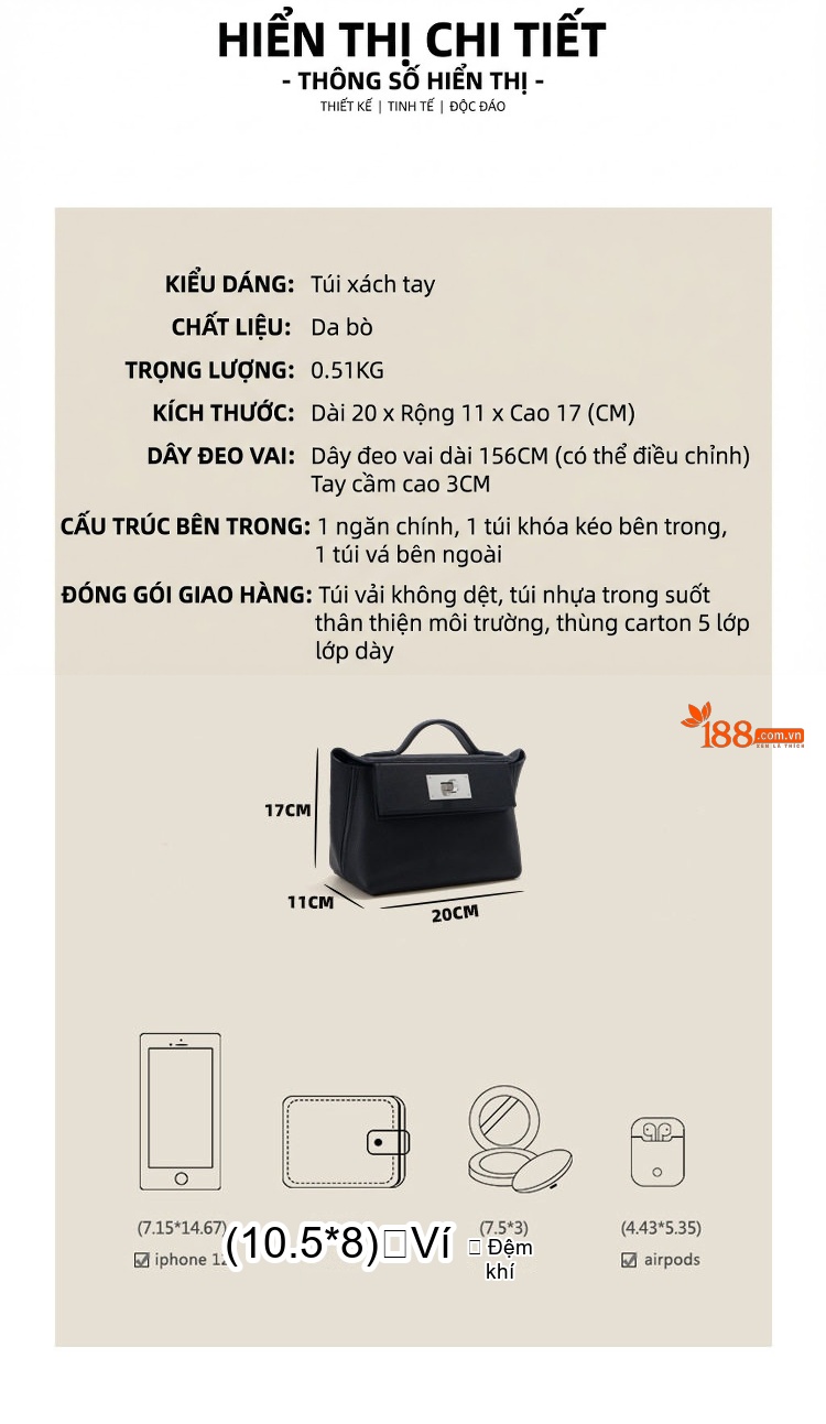 Túi Đeo Vai Nữ Da Bò Mini Khóa Gài Thời Trang, Túi Xách Tay Đeo Chéo Một Bên Màu Đen chi tiết 5