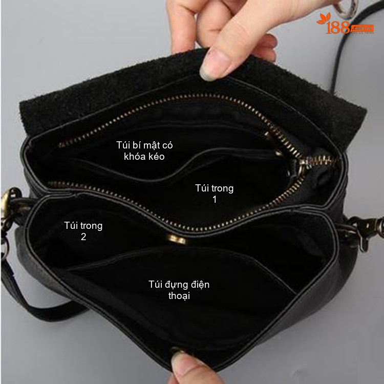 Túi Đeo Vai Nữ Da Bò Mini Nhiều Ngăn Phong Cách Hàn Quốc Màu Đen chi tiết 13