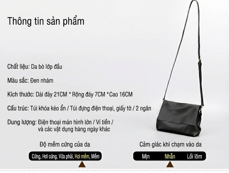 Túi Đeo Vai Nữ Da Bò Mini Nhiều Ngăn Phong Cách Hàn Quốc Màu Đen chi tiết 3